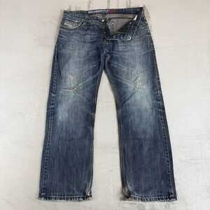 Diesel Straight Leg Jeans Mens 36x29 Dark Blue Denim Distressed Button Fly